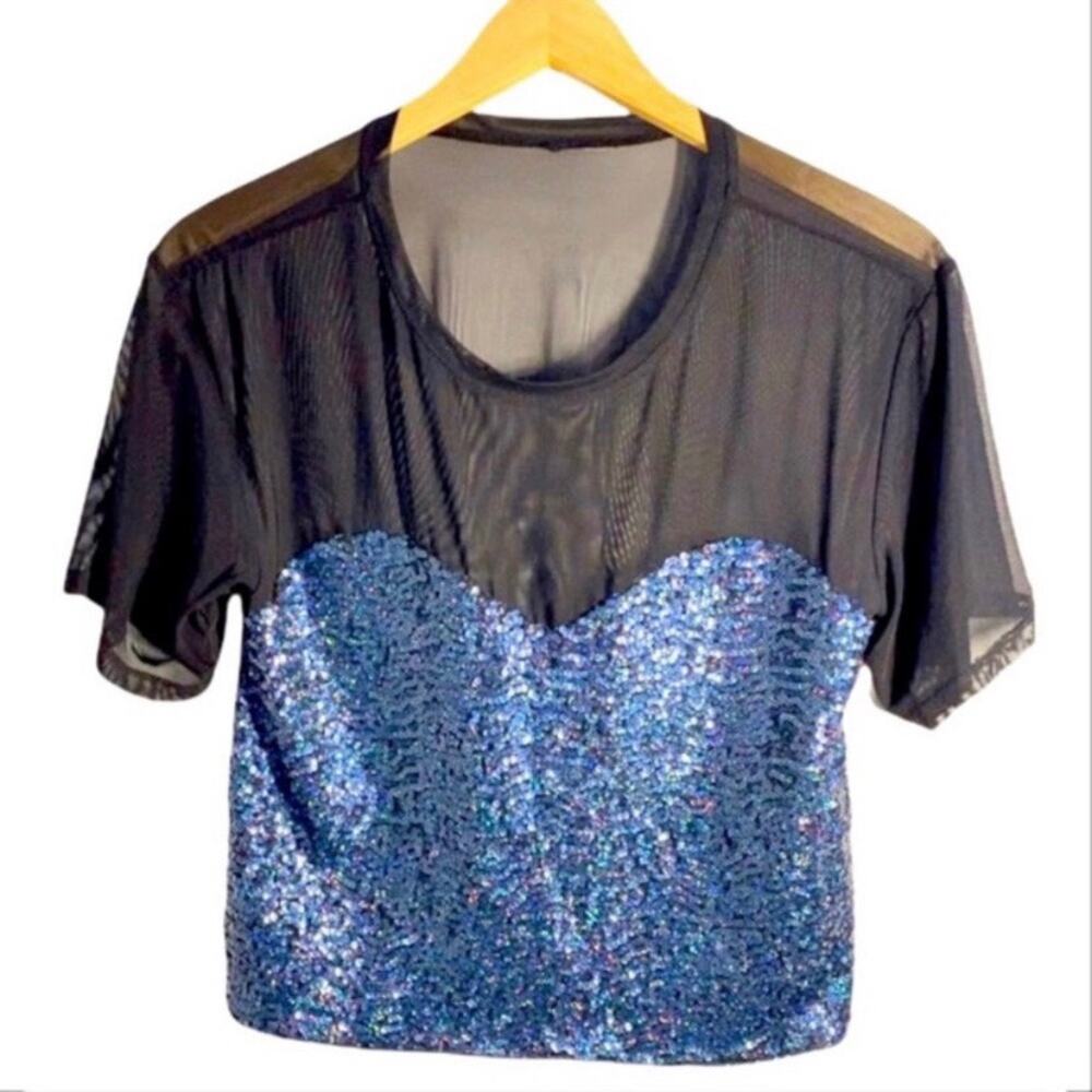 H&M Divided Small Sheer Black Mesh & Blue Sequins Crop Top